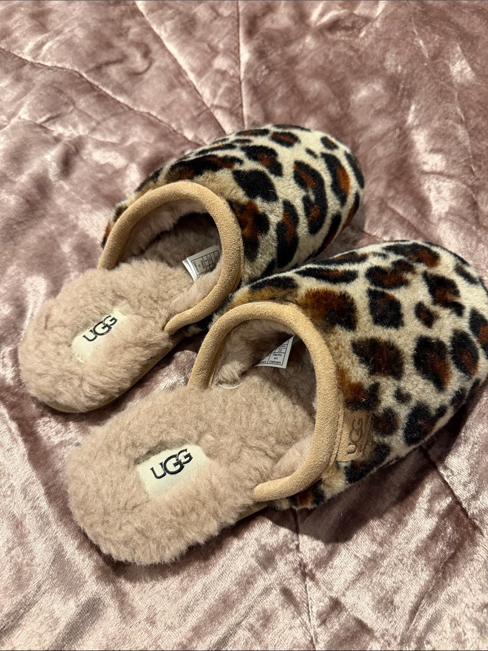 UGG Leopard Print Shearling Slide Slippers - Beige/Brown/Black NEW 8